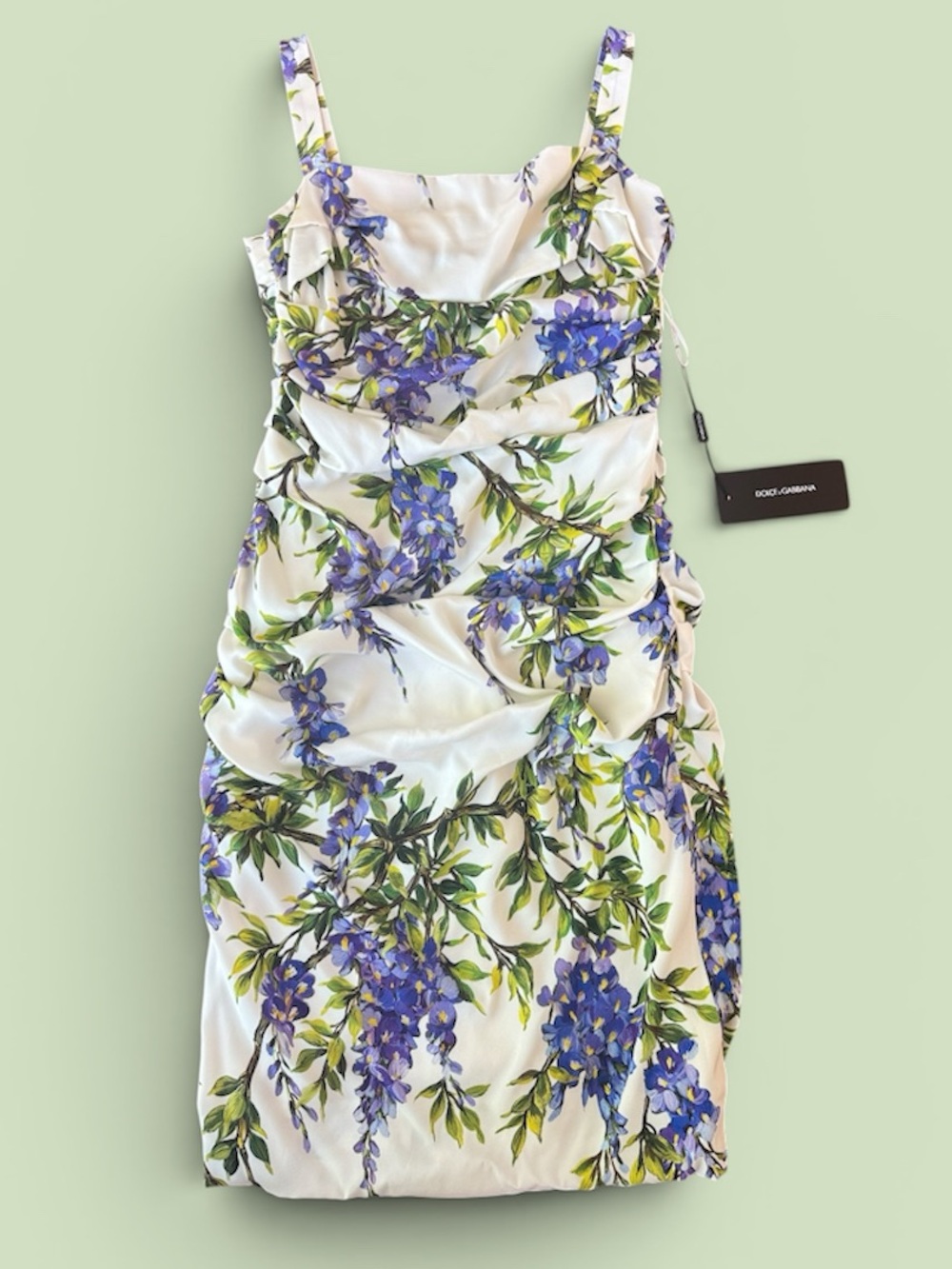 Dolce & Gabbana White Floral Ruched Mini Dress with Blue and Green Print - Picture 1 of 6